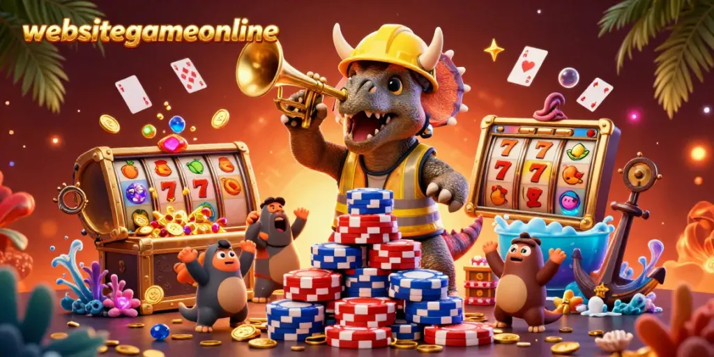 Join the excitement of websitegameonline with a vibrant scene featuring dinosaurs building a poker chip pyramid.