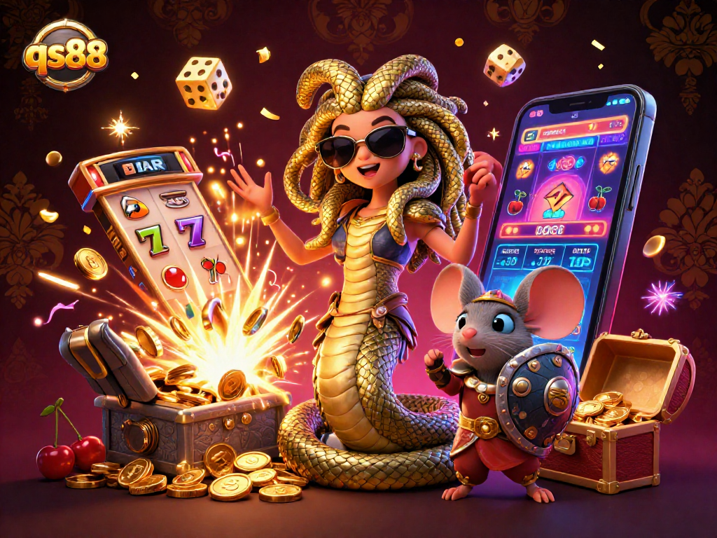 Playful Medusa and warrior mouse celebrating a jackpot at qs88 casino with vibrant colors and 3D elements.