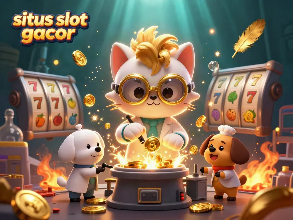 Permainan slot gacor dengan karakter kucing ilmuwan dan anjing asisten di latar belakang yang penuh dengan koin emas.