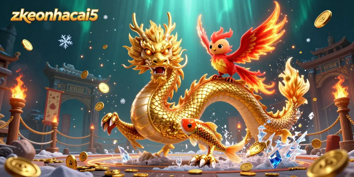 Experience the thrill of zkeonhacai5 with a dynamic casino-themed 3D scene featuring a fierce golden dragon.