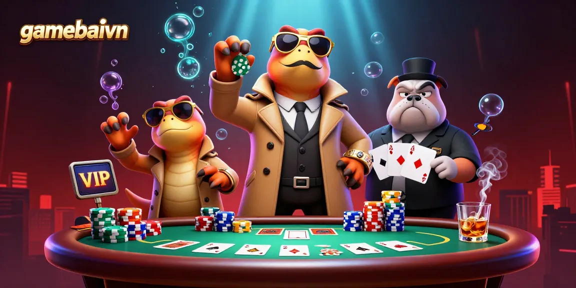 Engage with gamebaivn's playful poker scene featuring raptors in disguise at a casino.