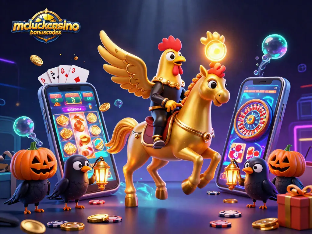 Experience a thrilling gameplay with mcluckcasinobonuscodes featuring golden rooster and spectral horse in a vibrant casino scene.