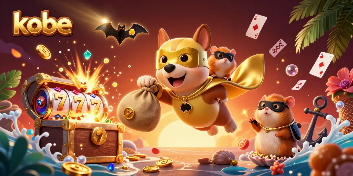 Kobe characters celebrate victories amid slot reels and gold coins in a vibrant, dynamic scene.