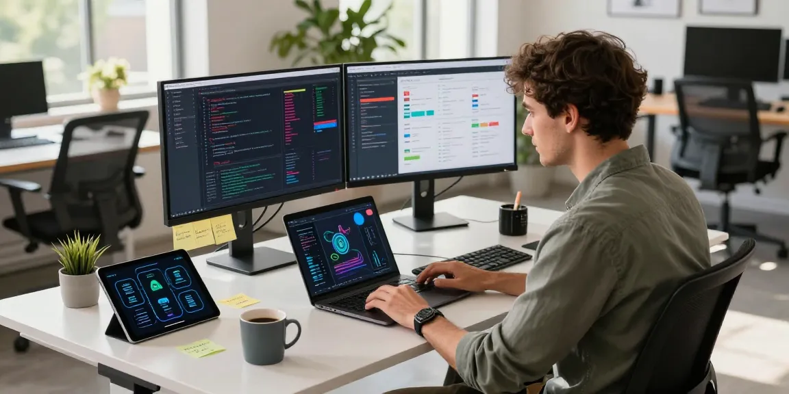 Build internal tools with AI in a modern workspace, programmer at laptop surrounded by gadgets and coding screens.