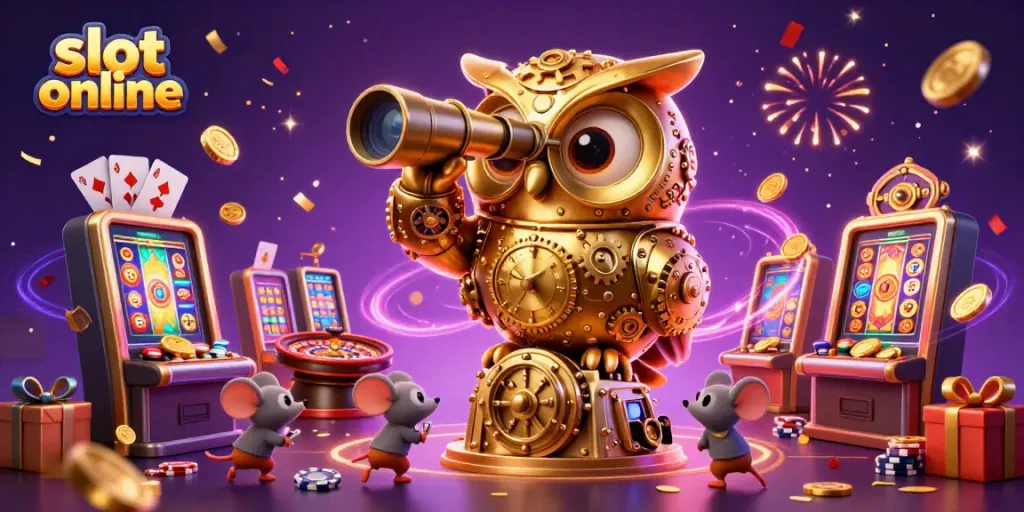 Spin vibrant slot online games with a golden owl overseeing the bustling casino.
