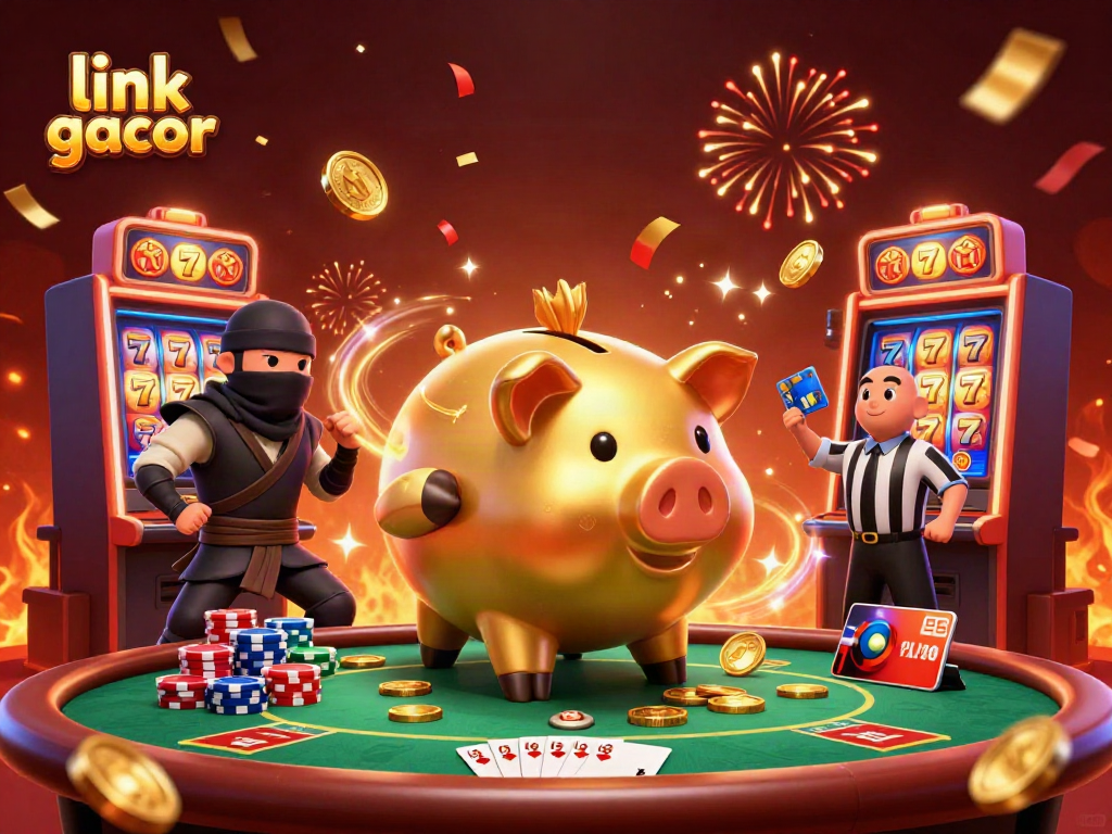 Experience thrilling gameplay with the link gacor featuring a golden piggy bank and epic casino themes.