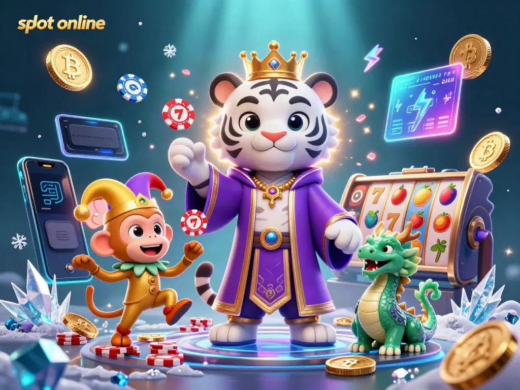 Experience thrilling slot online action with a vibrant 3D scene featuring a majestic tiger, playful monkey, and jade dragon.