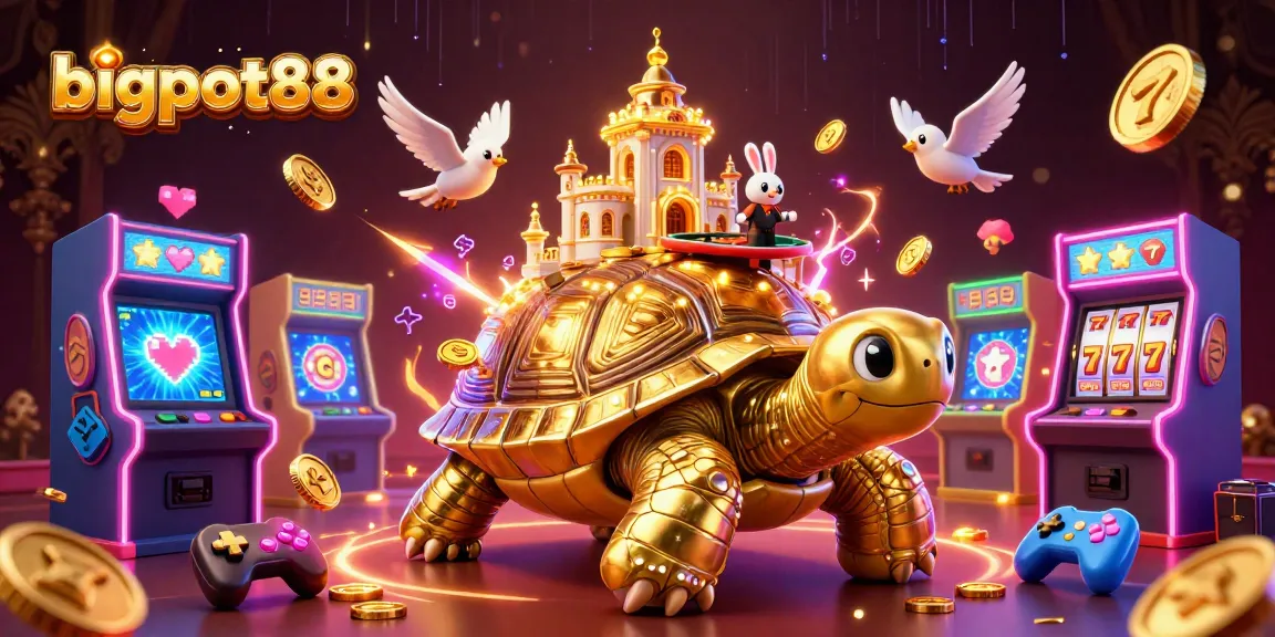 Experience the vibrant thrills of bigpot88 with a casino-themed adventure featuring a golden tortoise and lively game elements.