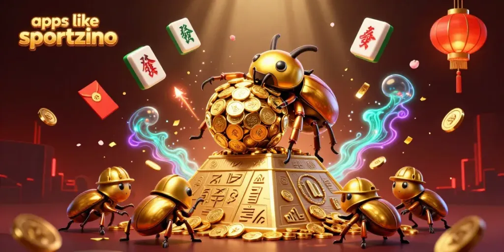 Engage with apps like sportzino through this vibrant casino-themed illustration featuring golden beetles and rich decorations.
