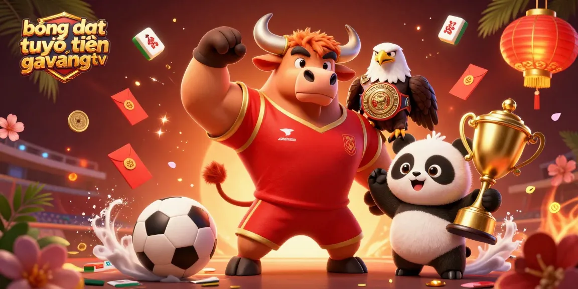Bóng đá trực tuyến gavangtv celebrates victories with a 3D illustrated bull, eagle, and panda amidst vibrant casino elements.