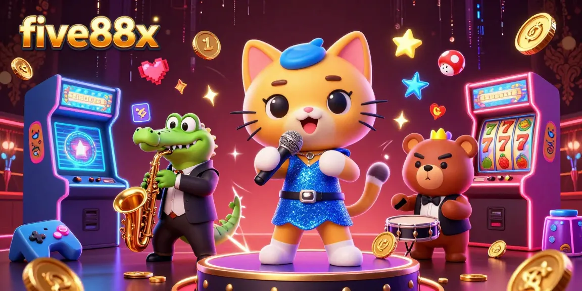 five88x showcases a vibrant casino scene with jazz-singer cat, saxophone crocodile, and drum-playing bear amidst slot machines.