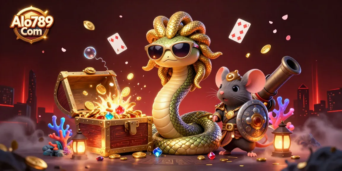 Alo789 Com showcases a vibrant 3D illustration with a unique mix of casino elements and mythical characters.