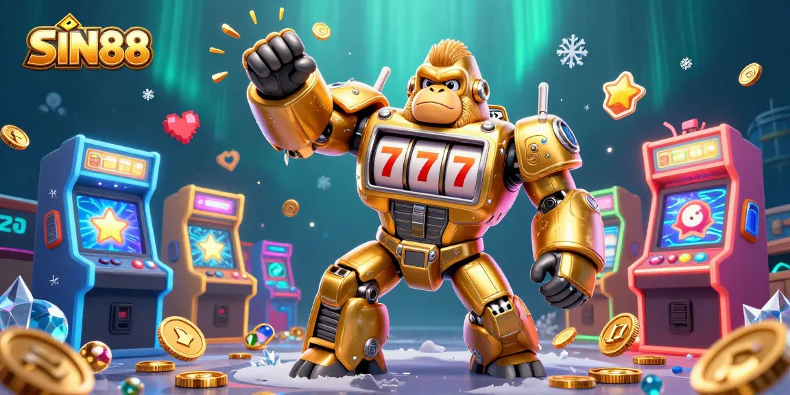 SIN88 showcases a vibrant 3D illustration with a golden gorilla mech and casino-themed elements, emphasizing gaming excitement and jackpot potential.