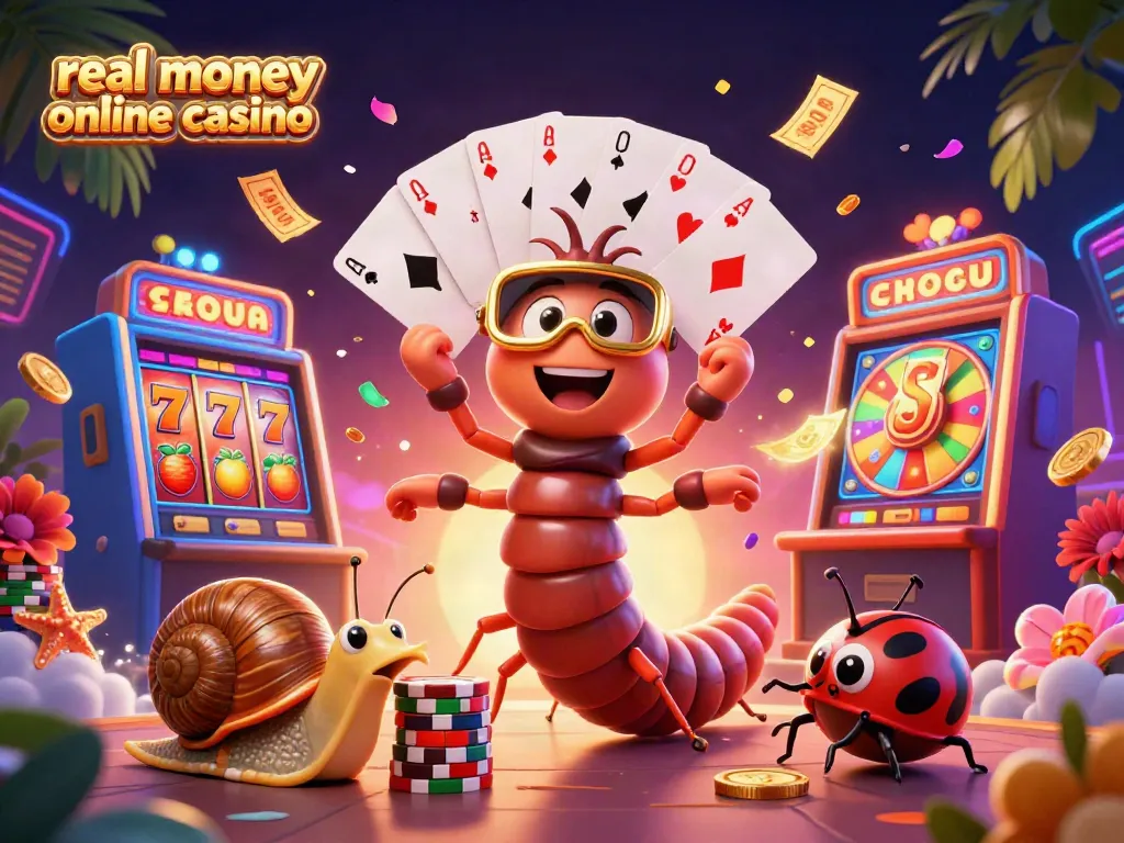 Engage in exciting gameplay at a vibrant real money online casino scene featuring a cartoon millipede dealer and colorful slot machine.