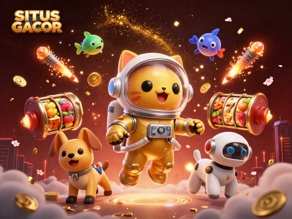 SITUS GACOR showcases vibrant slot gaming elements with a dynamic cartoon illustration