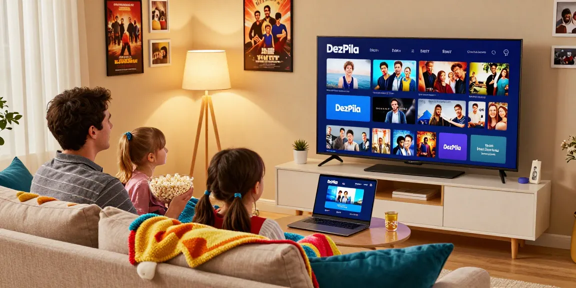 Family enjoying movie night with Dez Pila on smart TV in cozy living room