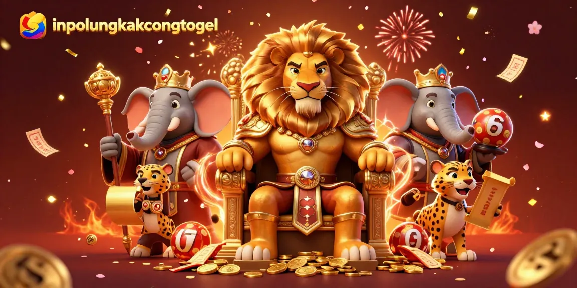 Experience thrilling wins with infolengkapcongtogel, featuring a lion king on a throne of coins amidst vibrant lottery elements.