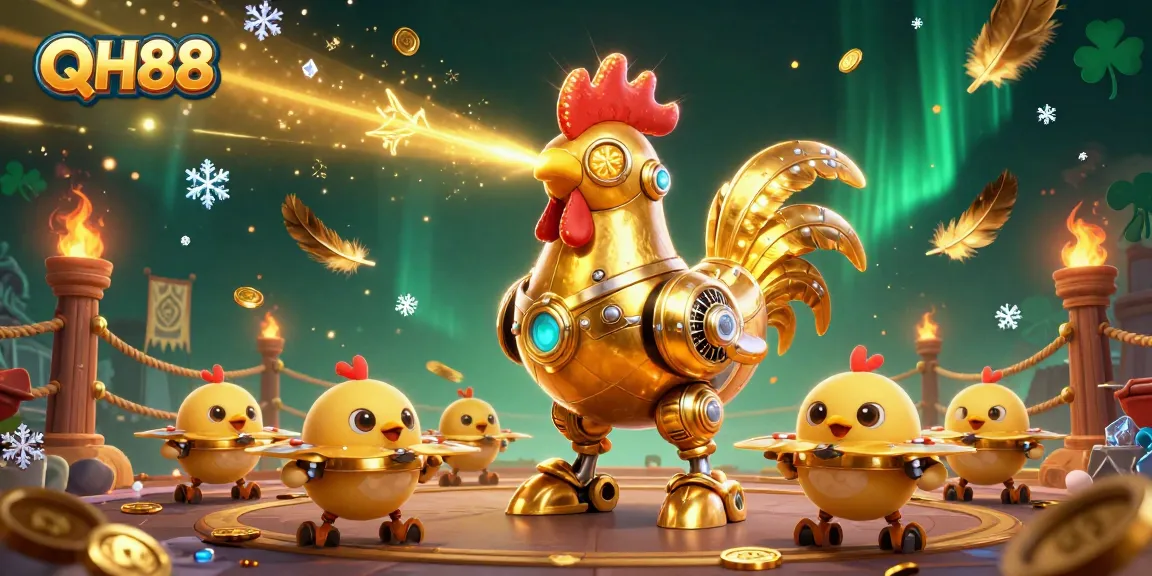 Engage in thrilling casino adventures with QH88's dynamic golden rooster robot and baby chick drones!