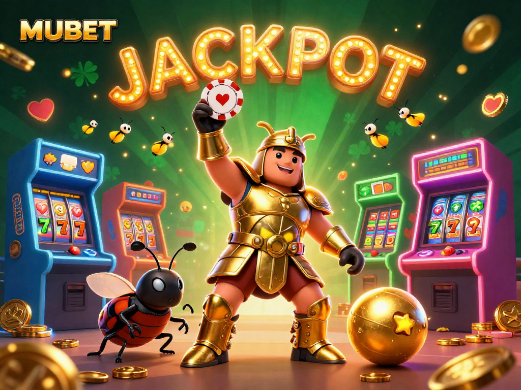 MUBET reveals thrilling casino adventure with vibrant characters celebrating a jackpot victory amid glimmering gaming elements.