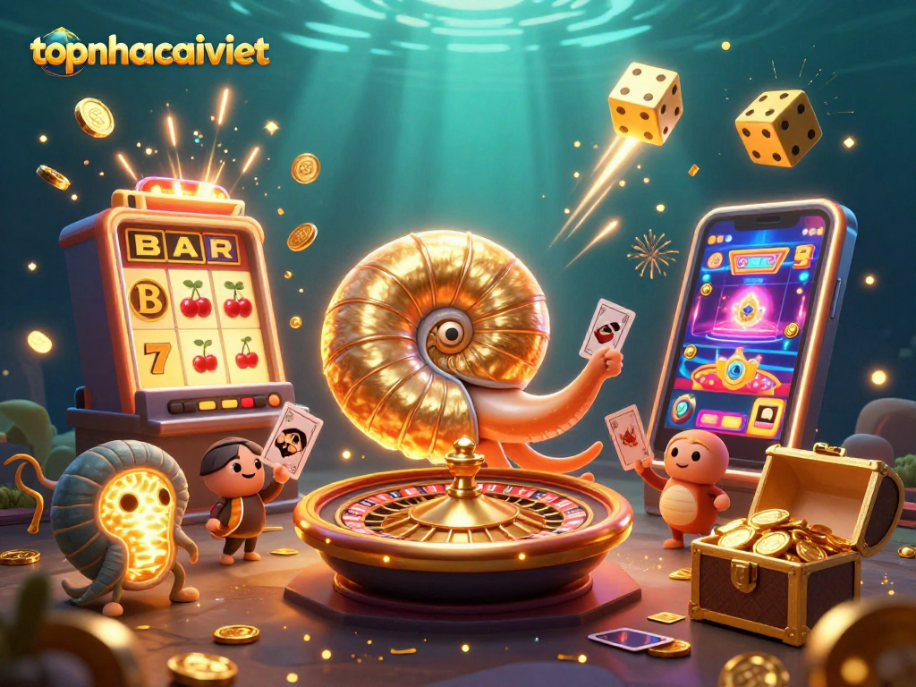 Engage with topnhacaiviet in a vibrant 3D casino scene featuring a playful nautilus roulette wheel.