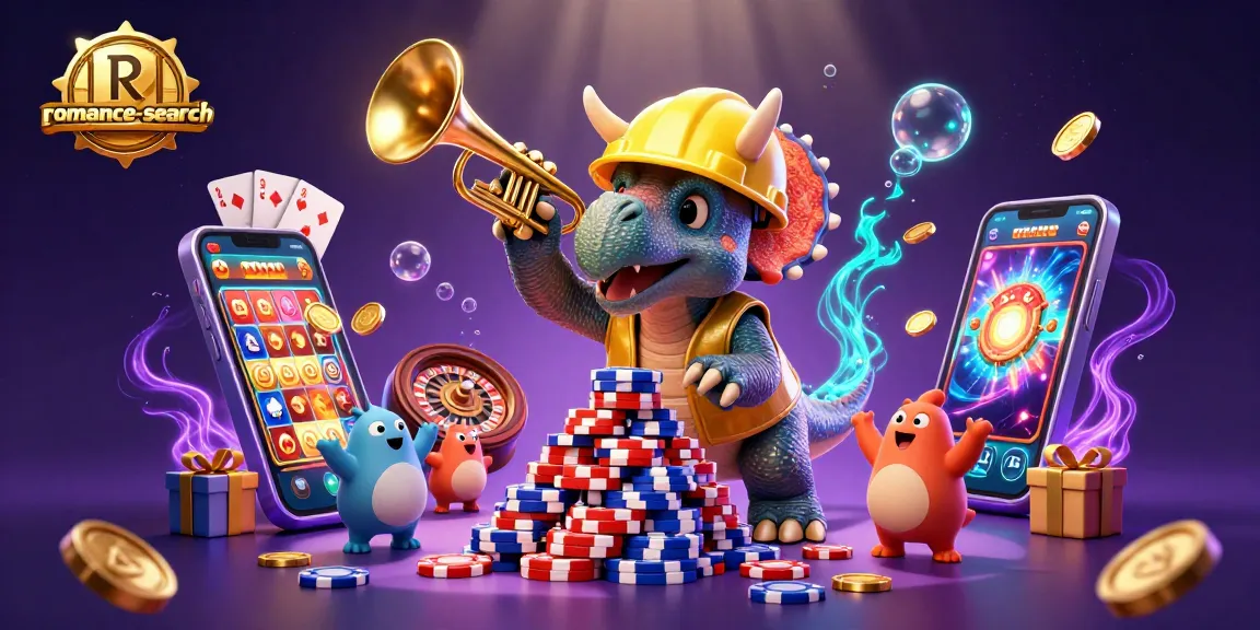 Engage with romance-search's vibrant 3D scene featuring triceratops building poker chips while playing gambling games.