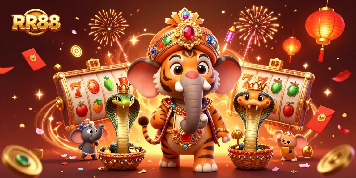 Experience the thrill of RR88 with a vibrant 3D casino scene featuring an ornate maharaja, jackpot slots, and celebratory elements.