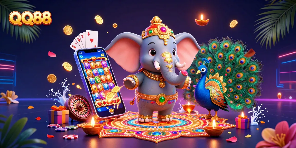 Experience exciting wins at QQ88 with a vibrant casino scene featuring spins, cards, and festive elements.