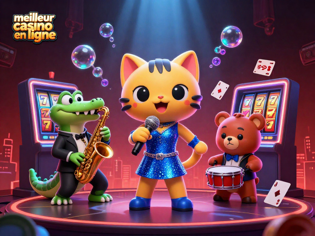 Le meilleur casino en ligne met en scène un chat chanteur, un crocodile saxophoniste et un ourson batteur dans une ambiance festive.