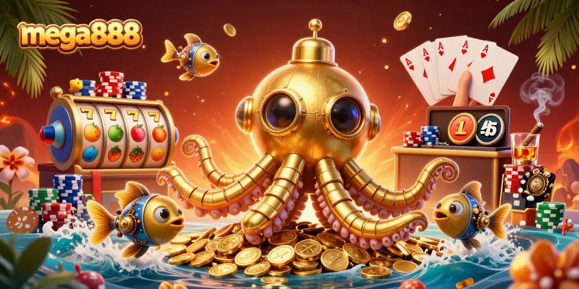 Experience thrilling mega888 slots surrounded by a golden kraken and vibrant casino elements.