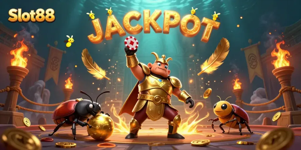 Experience the thrill of Slot88 with a hercules beetle championing victory in a vibrant casino scene.
