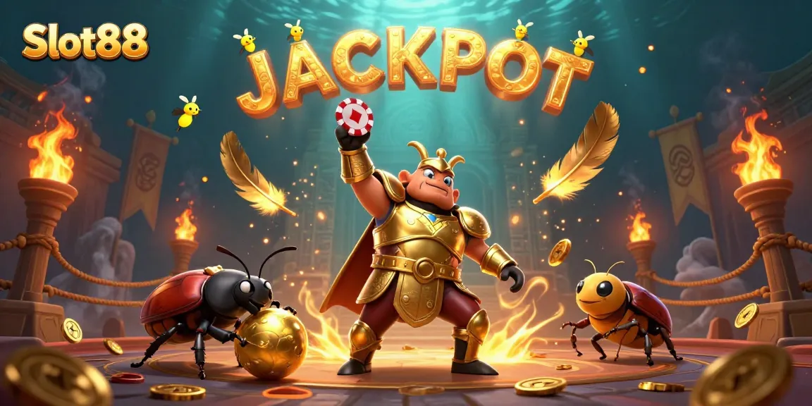 Experience the thrill of Slot88 with a hercules beetle championing victory in a vibrant casino scene.