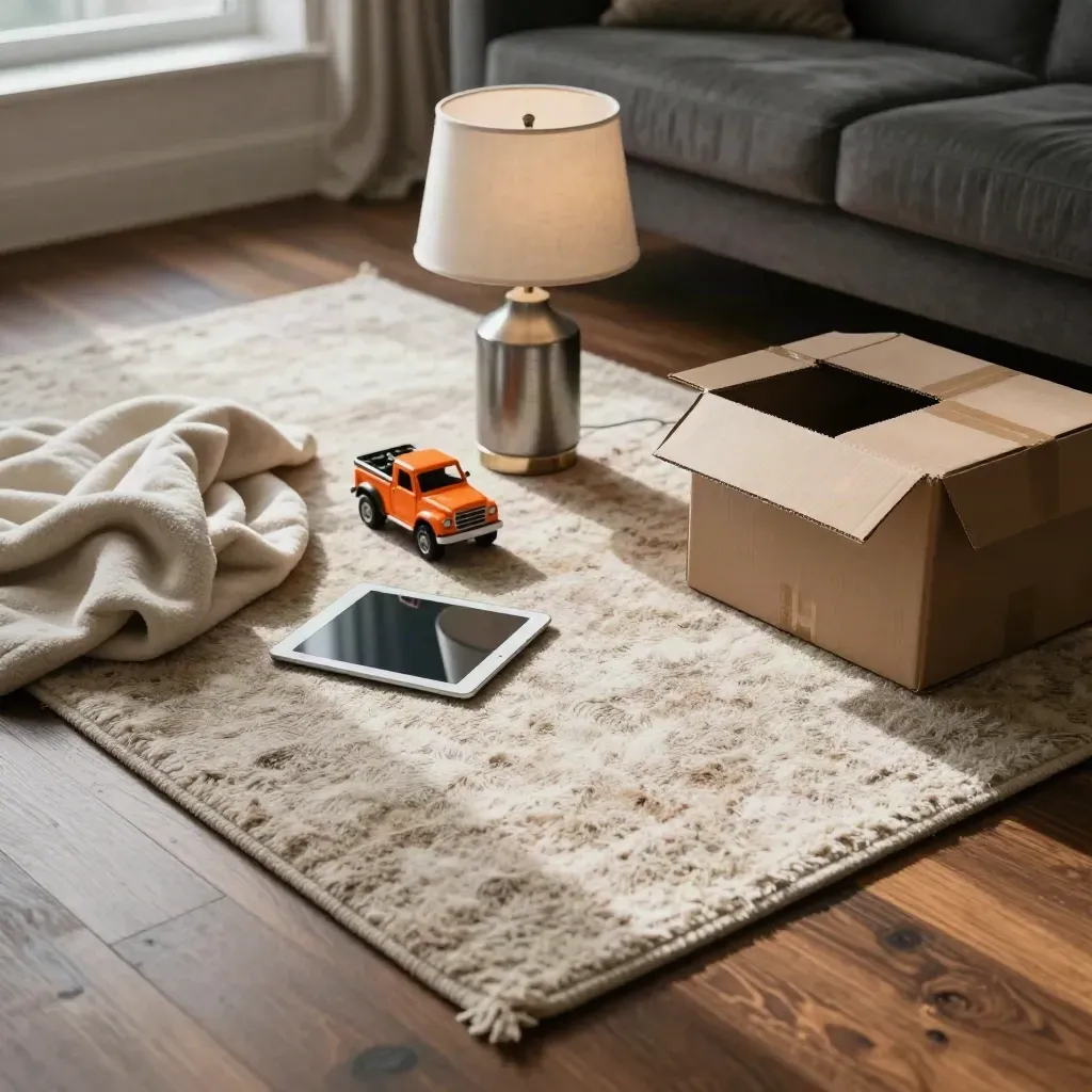 Living-room rug with lamp, toy truck, tablet, blanket and box in warm afternoon light.
