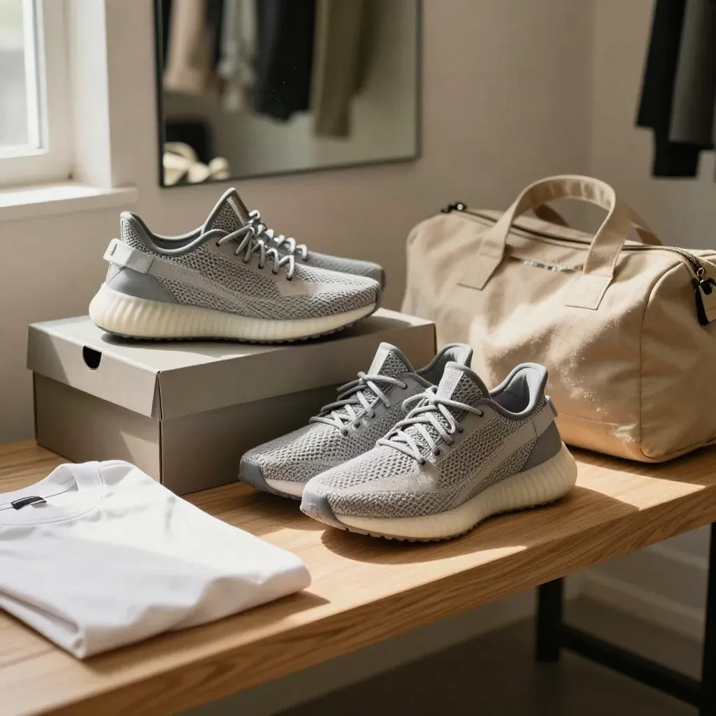 Running shoes, shoebox, gym tee and duffel on a warm bench by a sunlit window.