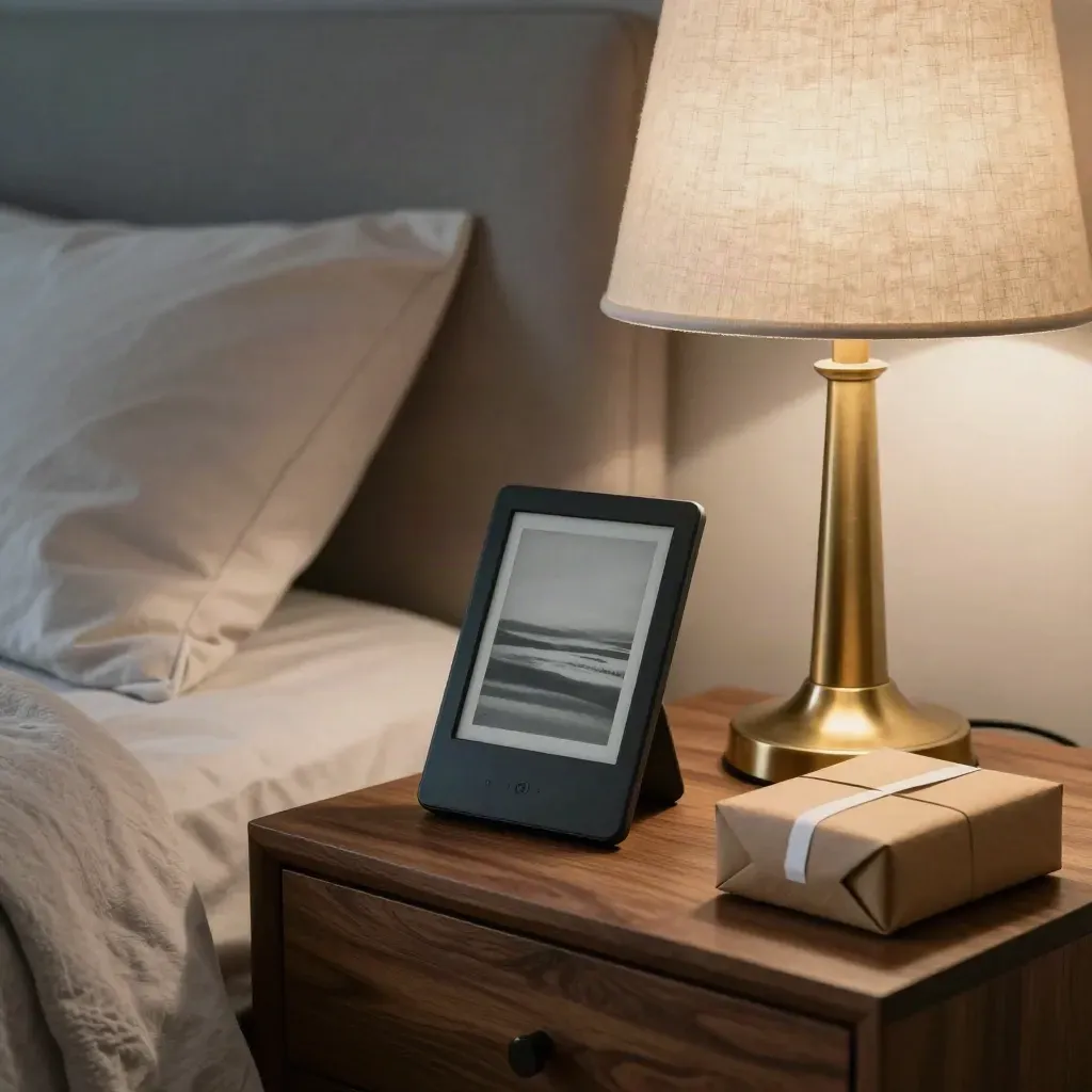 Dark e-reader, smart speaker, lamp, and parcel box on a walnut bedside table