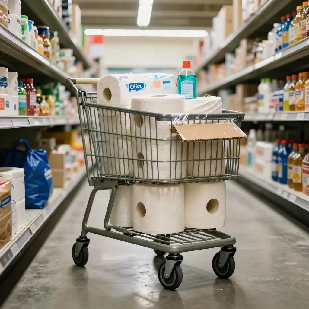 Shopping cart packed with household staples rolling through a supermarket value aisle.