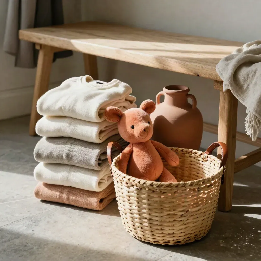 Folded clothes, plush toy, vase, and basket beside an entry bench in warm daylight.