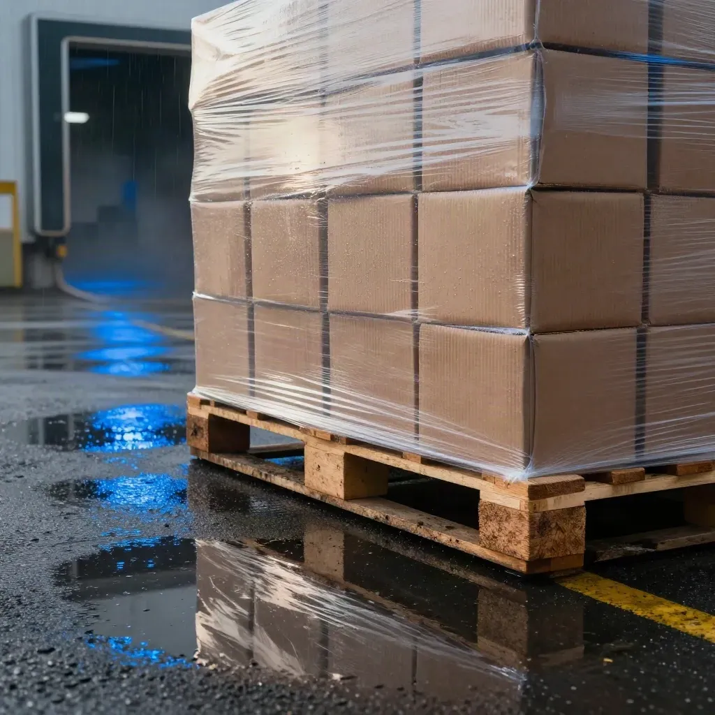 Wet loading dock with shrink-wrapped retail cartons stacked in cold mist before opening.