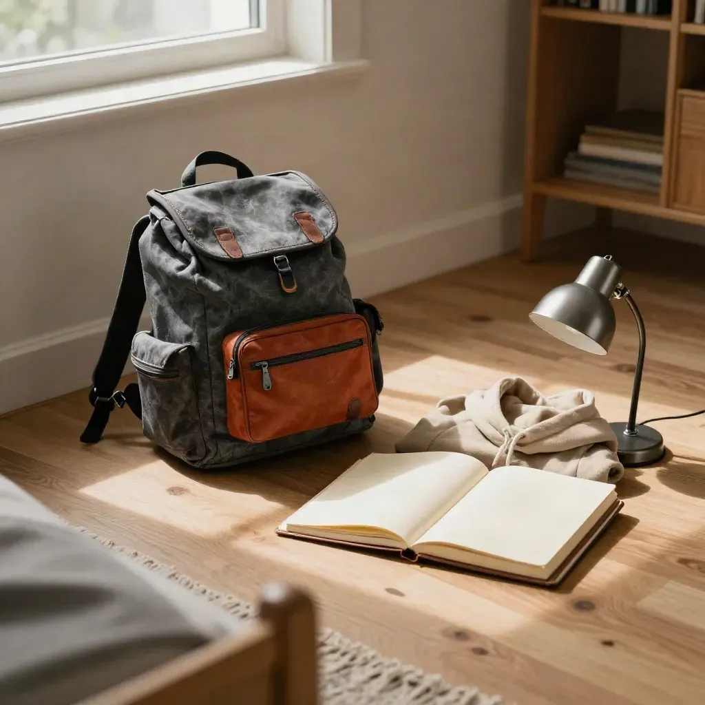 Dorm-floor back-to-school essentials: backpack, lunch kit, notebooks, hoodie, and lamp in window light.