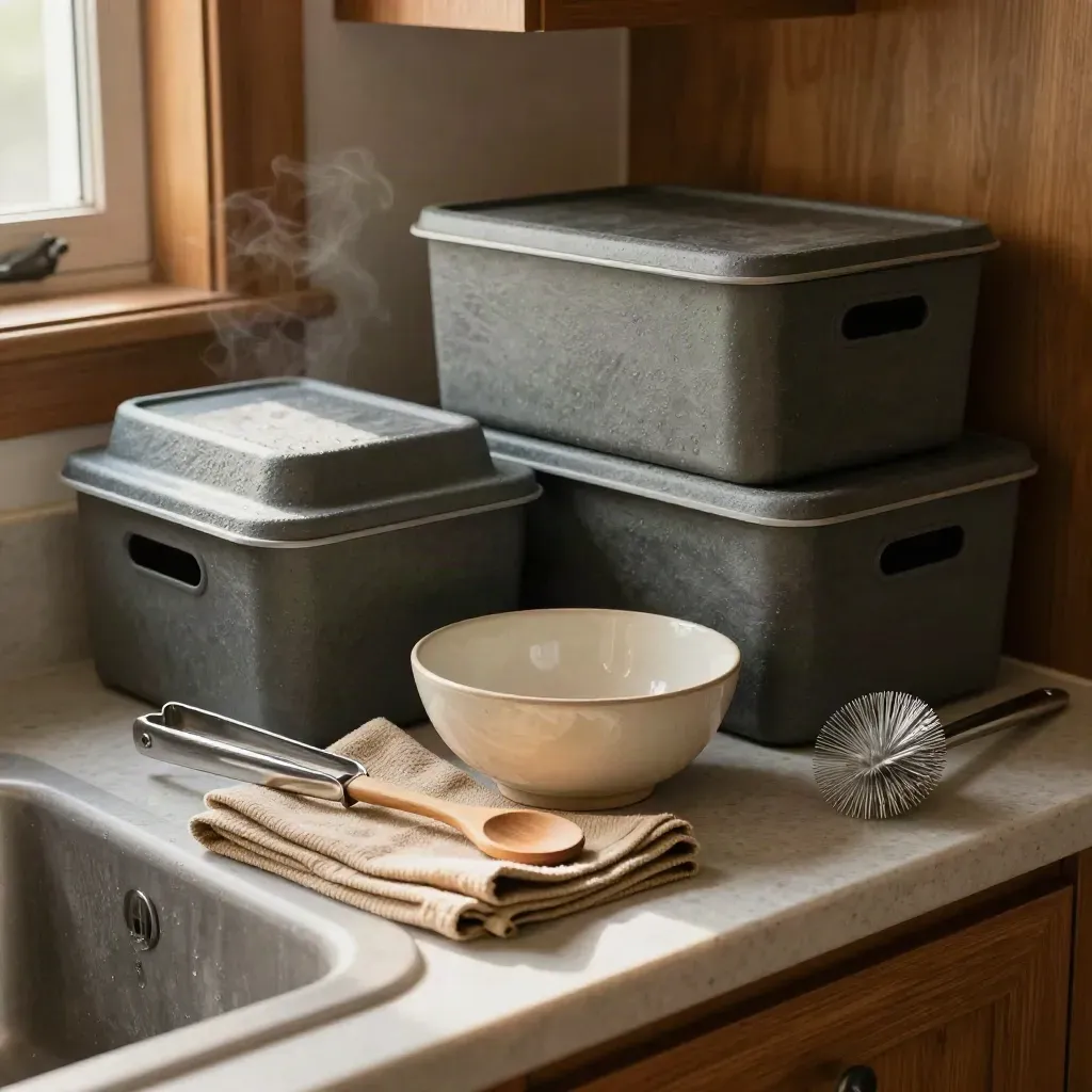 Storage bins, bowl, cloths, and kitchen tools clustered on a warm counter beside a sink.
