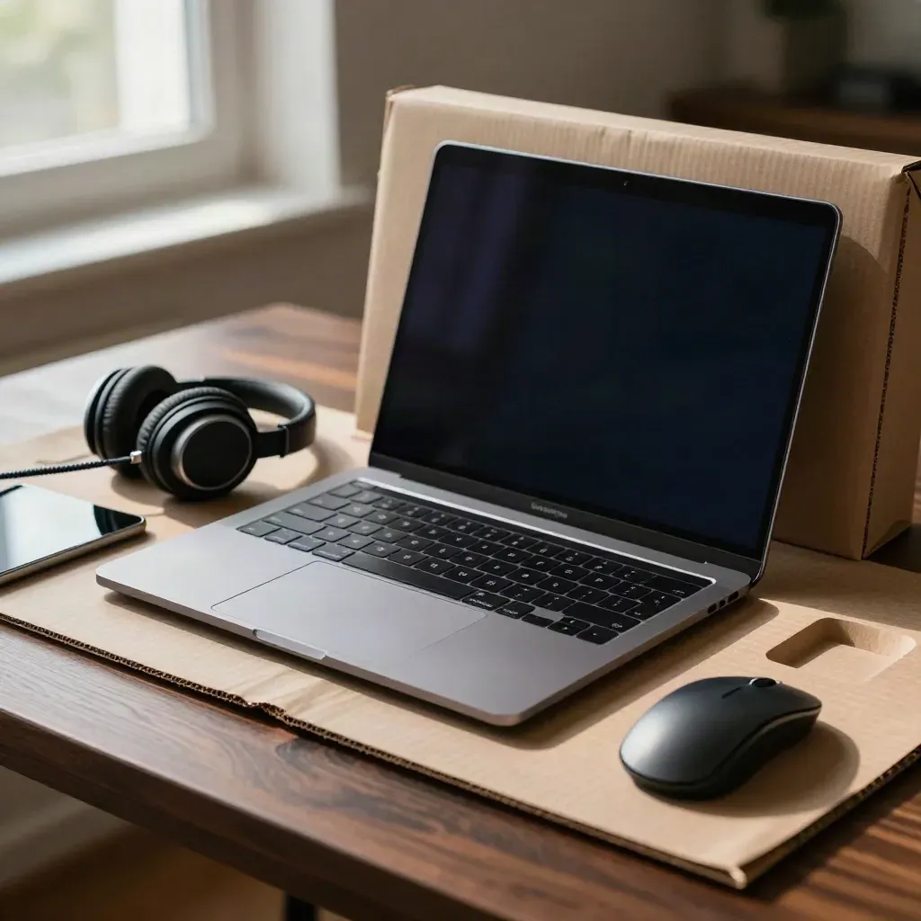 Unboxed laptop, tablet, headphones, cable and mouse on a dark desk in warm window light.