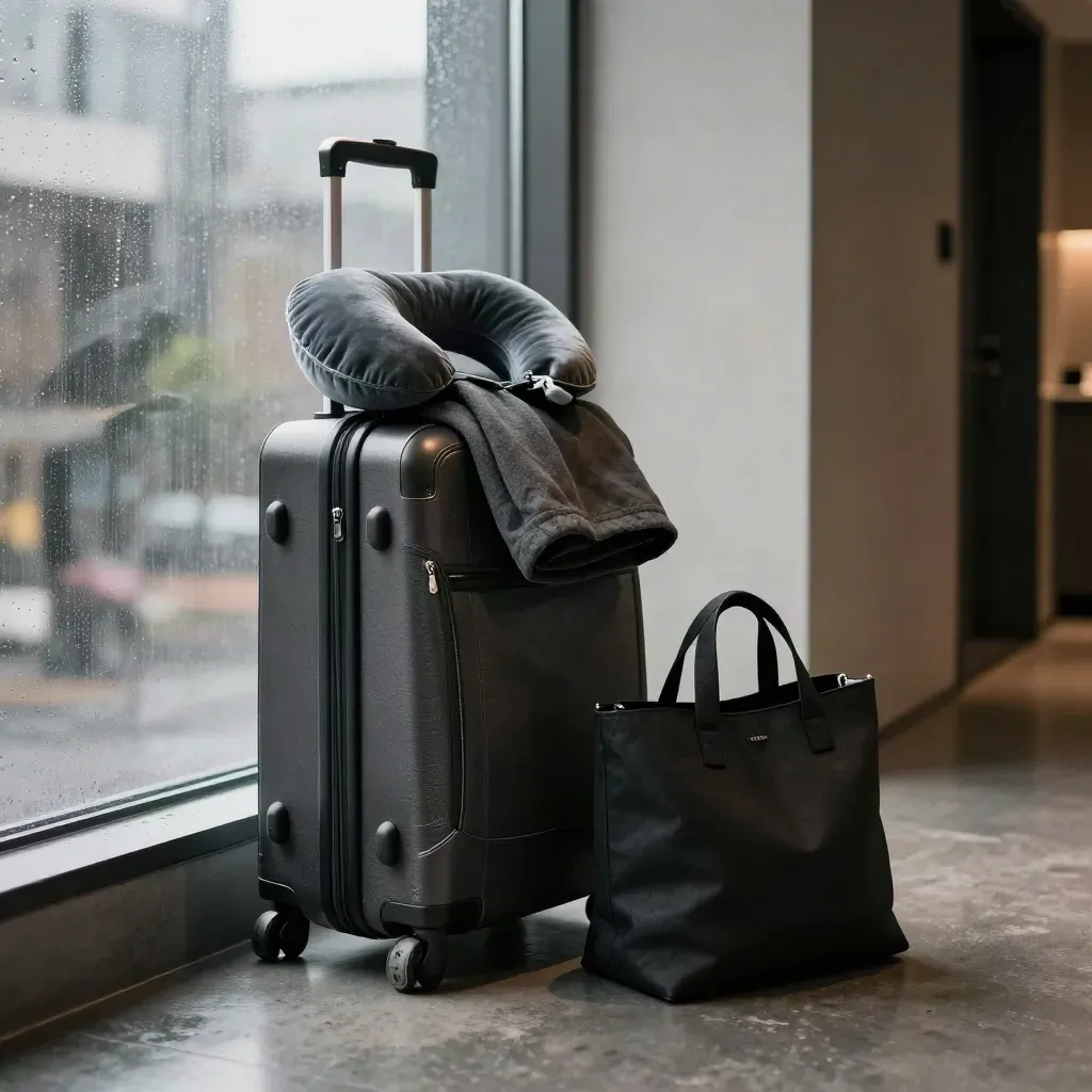Travel suitcase, pillow, jacket, and tote by a rain-streaked hotel window at night