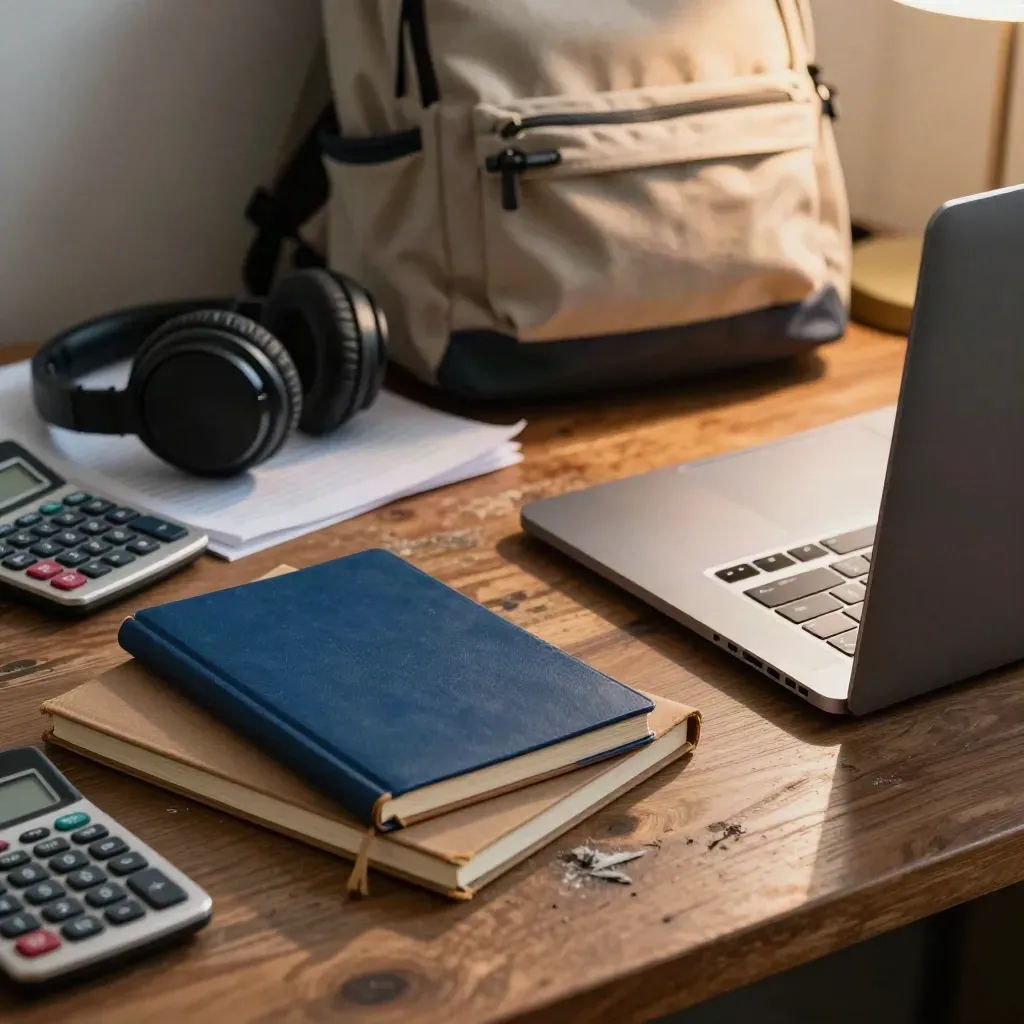 Close student desk with laptop, notebooks, calculator, headphones and backpack under warm lamp glow.
