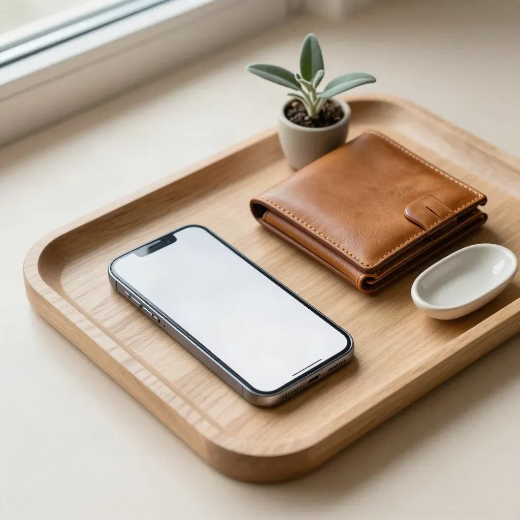 Smartphone, wallet, dish and herb on a pale wood tray in soft daylight.
