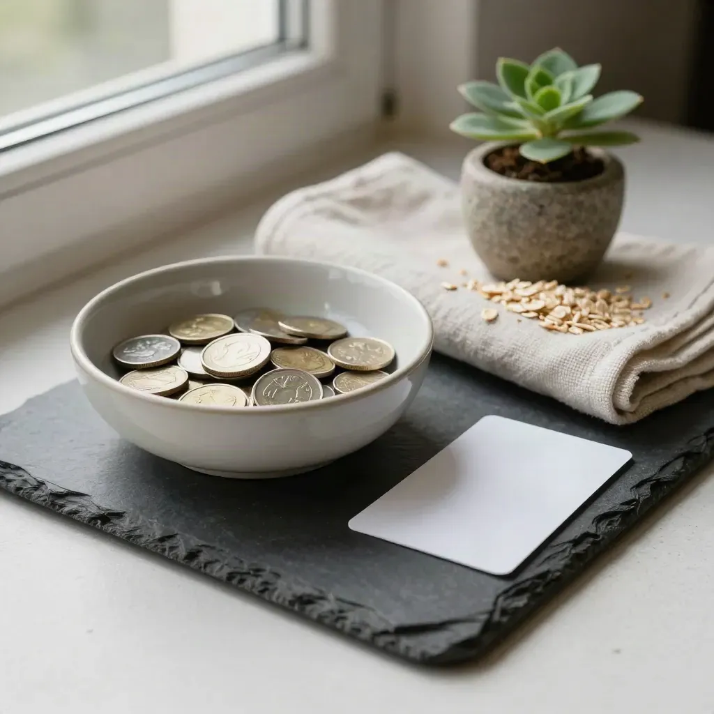 Coins in a ceramic bowl with cloth, plant, and card sleeve on a stone tray
