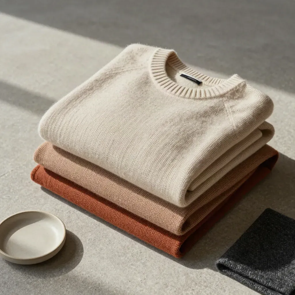 Folded seasonal knits, fabric swatches, and a ceramic dish on stone in overhead flatlay.