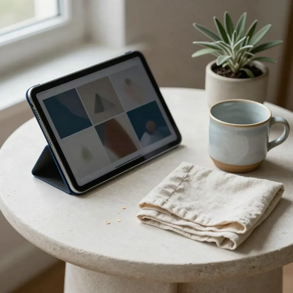 Tablet on a dark holder beside cup, linen cloth, and plant on a plaster side table.