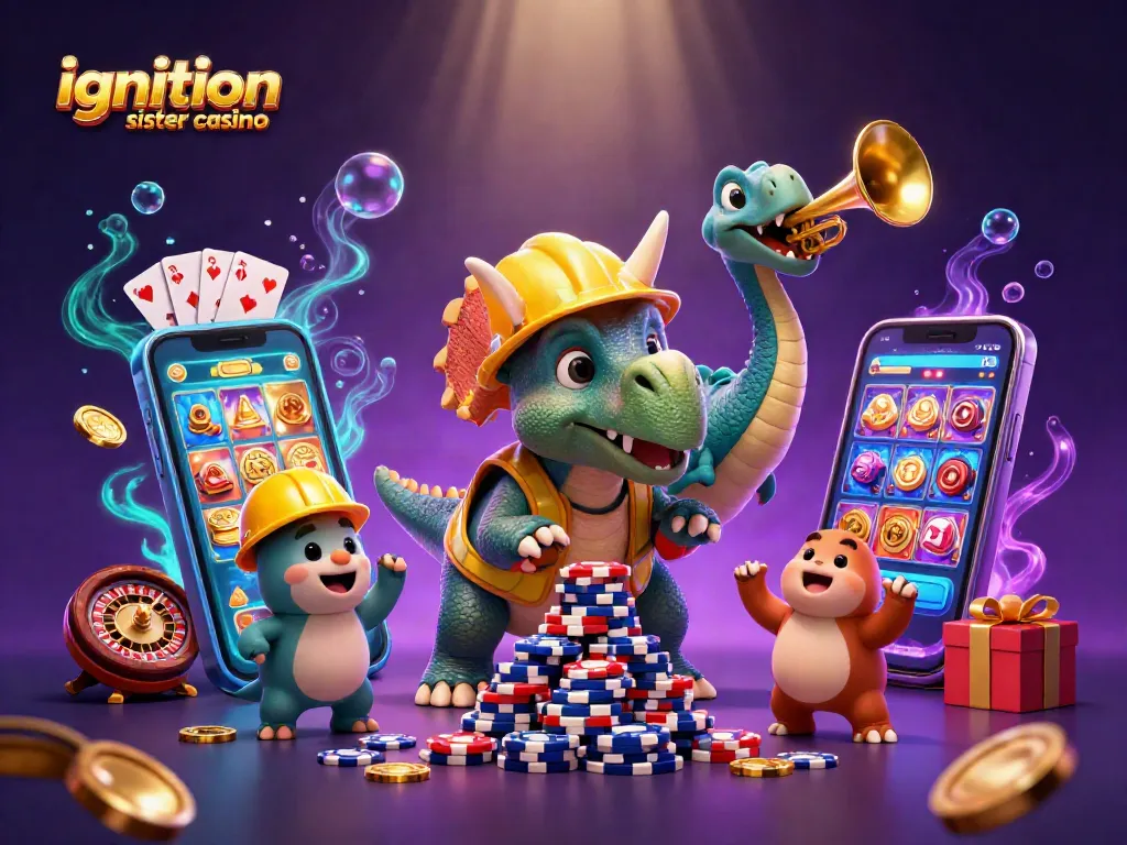 Enjoy thrilling action at ignition sister casino with triceratops building poker chip pyramid.