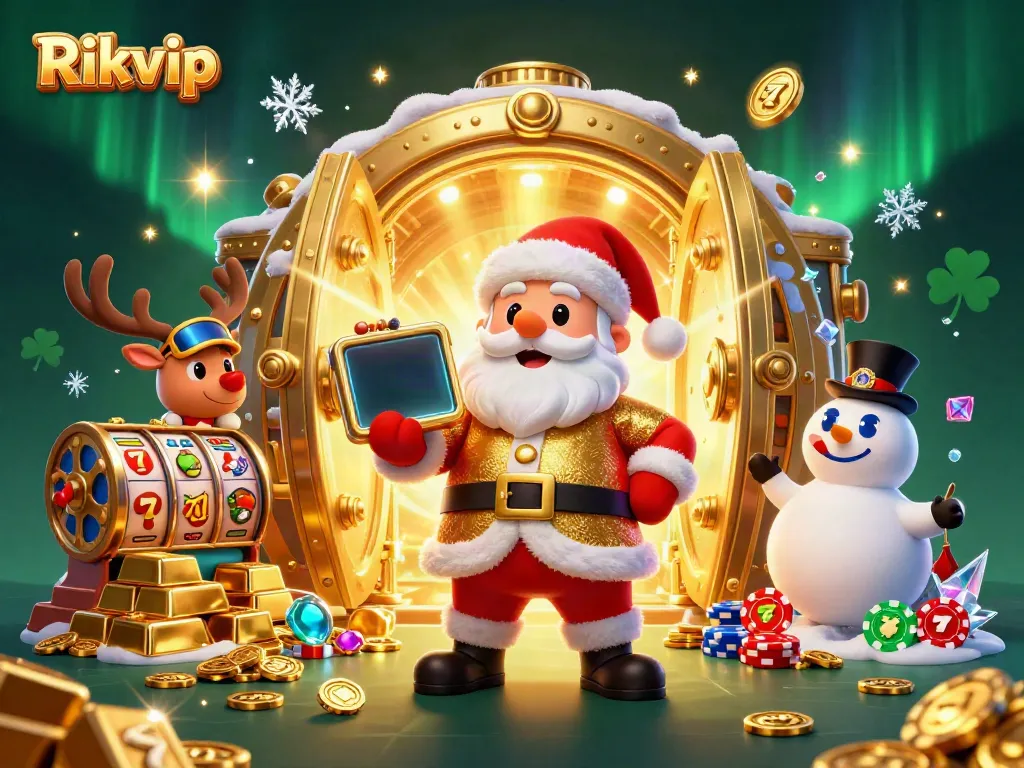 Play exciting slots at Rikvip with Santa and friends, surrounded by gold and jewels.