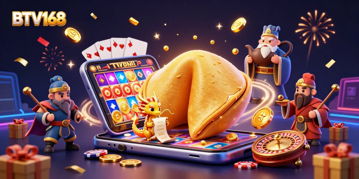 BTV168 engages players with a vibrant and dynamic casino scene featuring golden fortune cookies and exciting gaming elements.