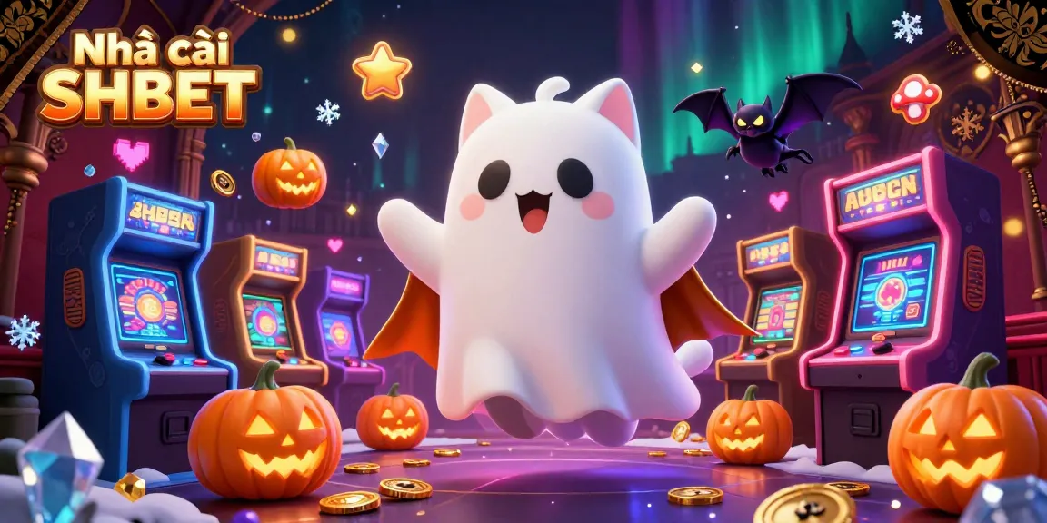 Experience thrilling fun at Nhà cái SHBET with a floating ghost cat, vampire bat, and glowing Halloween-themed elements.